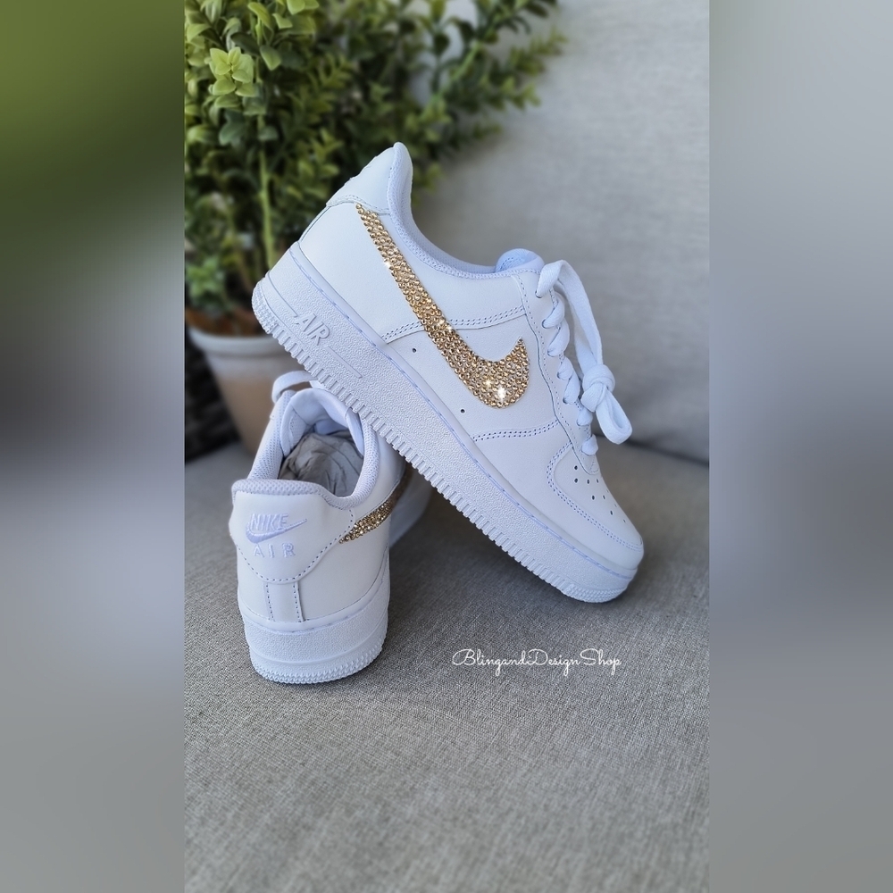 Women's Air Force 1 07 White Sneakers made with Gold Swarovski Crystals - Picture 5 of 8